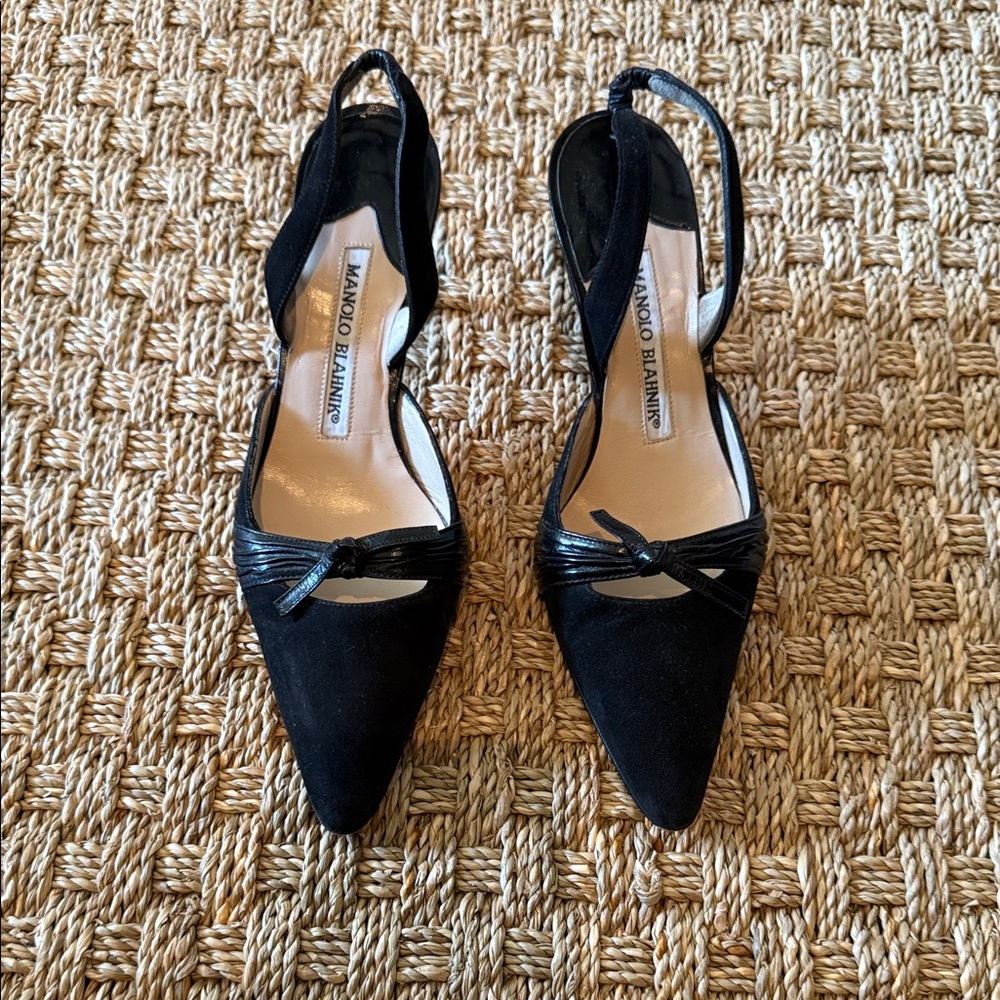 Manolo Blahnik Black Pointed-Toe Nubuck Slingbacks